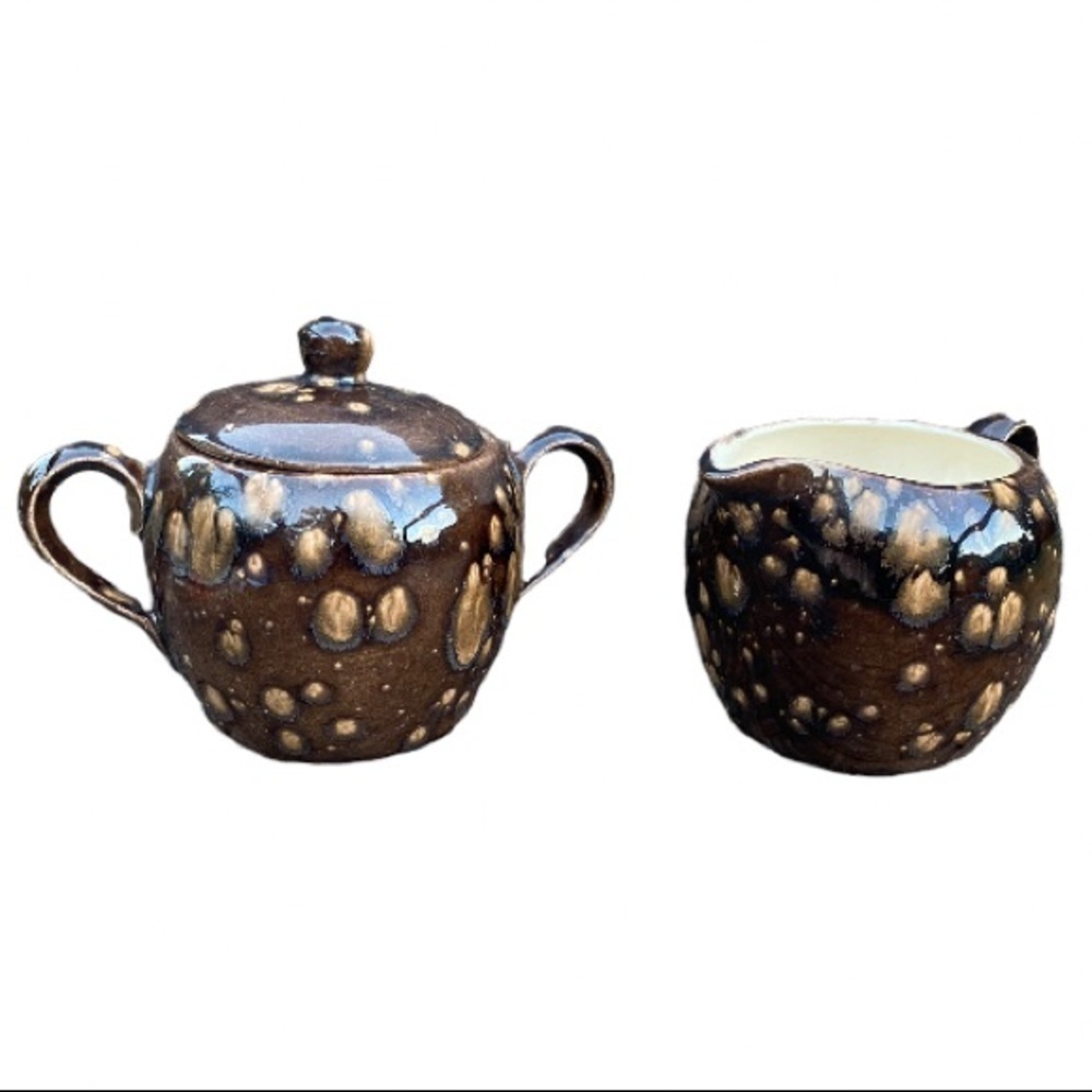 𝅺arnels 1970s Ceramic Creamer & Sugar Bowl Set Brown/Orange/Gold Coffee Tea VTG
